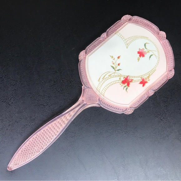 Vintage Celluloid Floral Mirror Vanity Handled Dainty Pretty Flower Mirror Pink - Picture 5 of 13